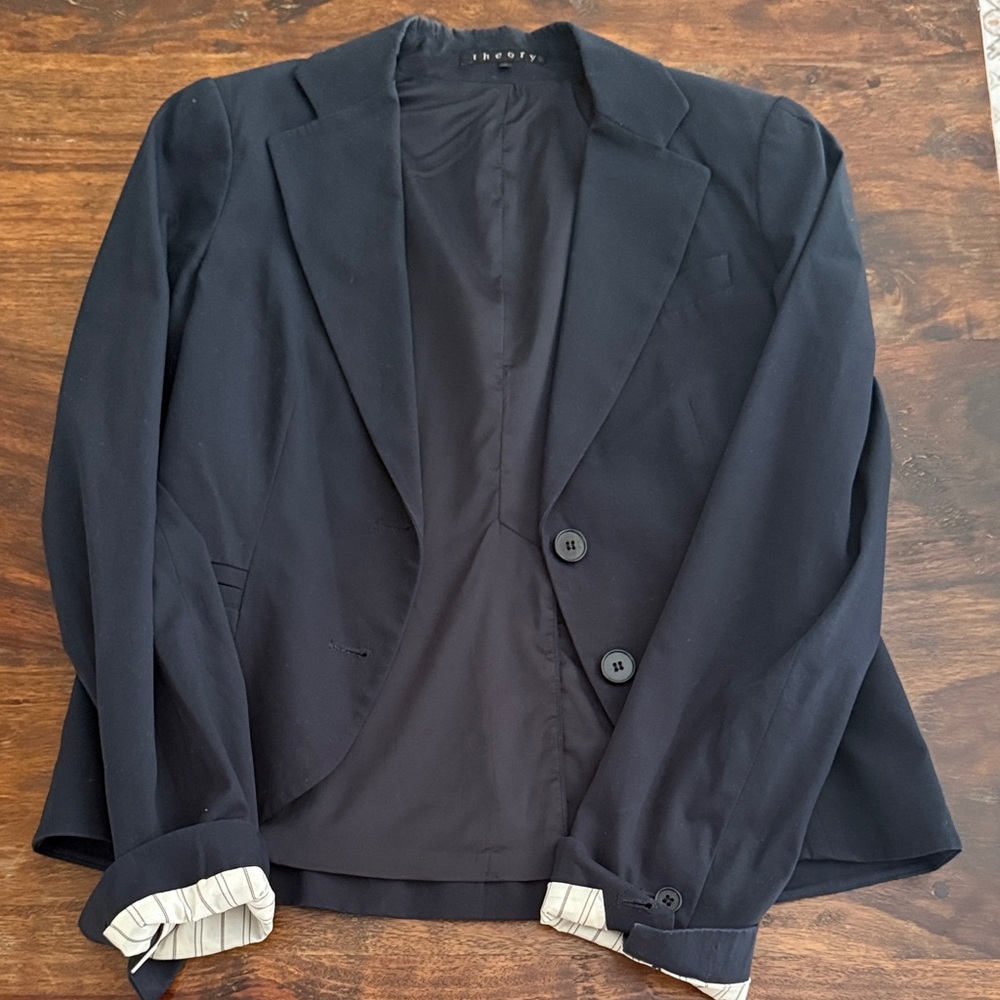 Theory Navy Blazer with Striped Cuffs